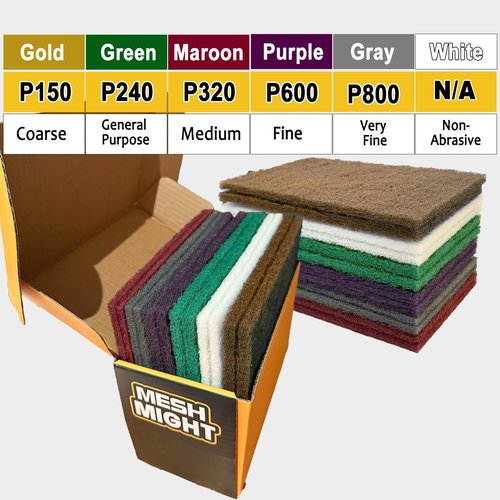 MeshMight 12-Pack 6"x9" Non-Woven Scuff Pads Multi Pack- Aluminum Oxide Abrasive for Scouring, Sanding, Paint Primer Prep - Automotive, Auto Body, Woodworking, Surface Preparation (Multi)