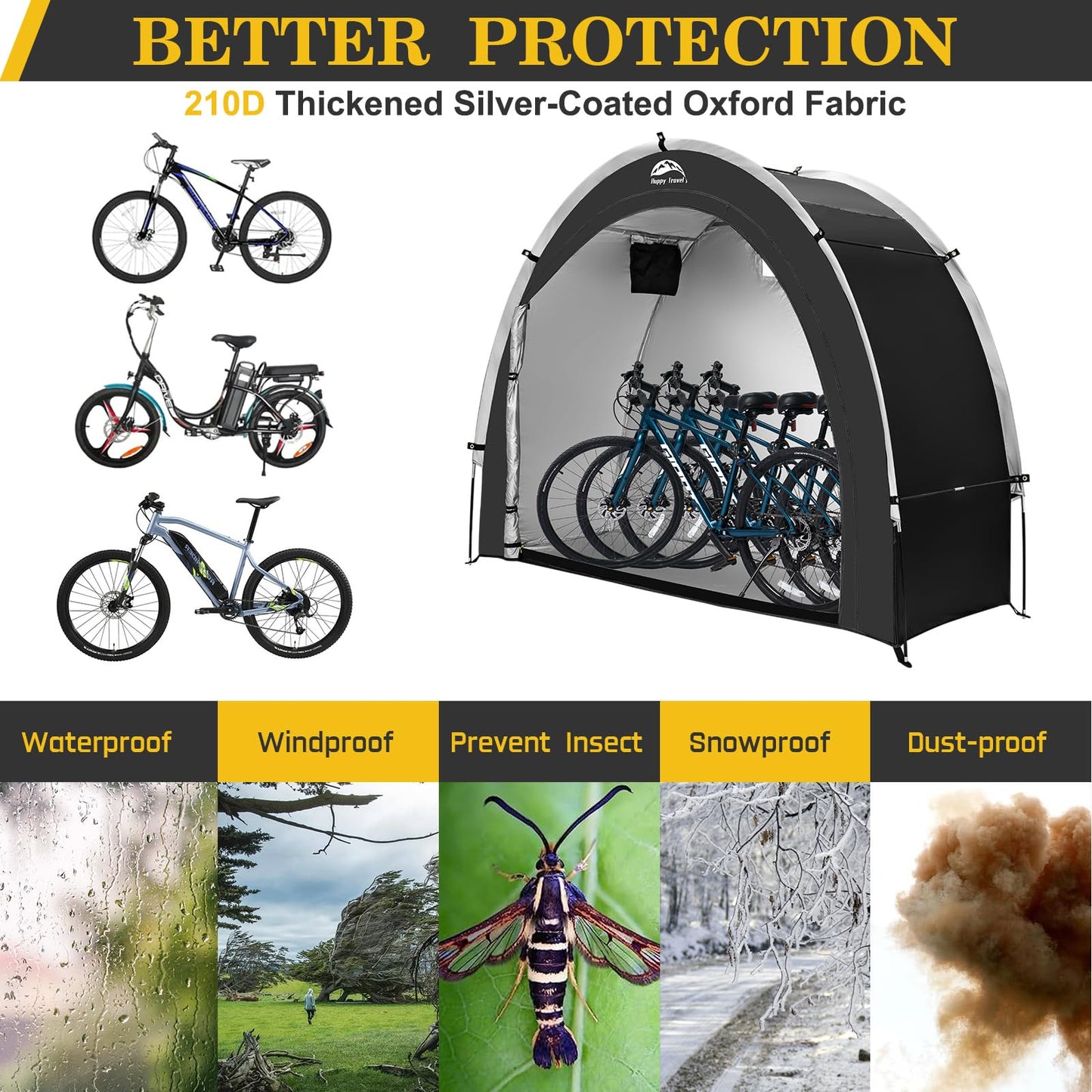 Happy Travel Bike Storage Shed Tent,Outdoor Portable Bicycle Storage Sheds with 210D Oxford Fabric PU4000 Waterproof for 2/3/4/6/8 Bikes,Bike Covers Shelter for Motorcycle,Garden Tools,Toys,Lawn Mower