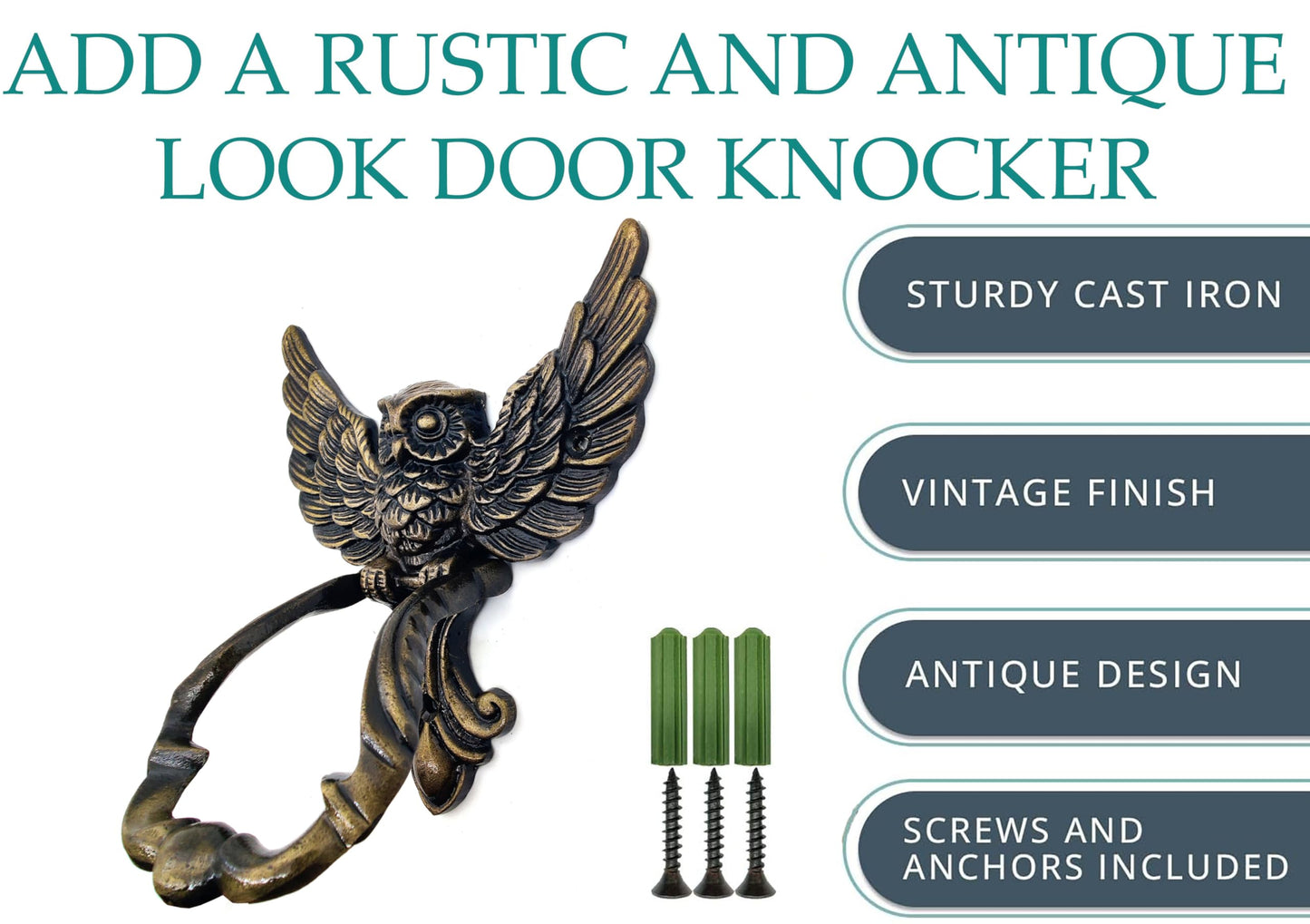 Owl Front Door Knocker, Heavy Duty, Garden/House Decor, Antique Bronze for Wooden House Farmhouse, Home Décor Accessories