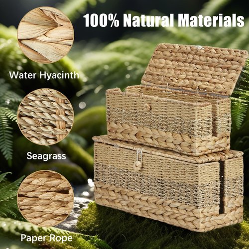 VinneGenzz Cable Organizer Box Handmade Wicker Rattan Cable Management Box Adapter Power Strips Outlet Router Cord Hider Cover Under Desk Electrical Wire Storage Organizer with Lid (Natural, Large)