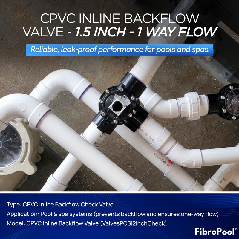 FibroPool 1.5 Inch Pool Check Valve – 5 PSI Spring Loaded, CPVC, Non-Lube PTFE Seats – Inline Backflow Prevention for Pools, Spas, Heaters, Salt & Chemical Systems
