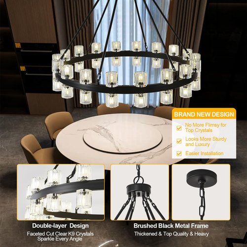 Kirahee Black Wagon Wheel Chandelier, 36" Crystal Chandelier for Dining Room Over Table, 36-Lights Hanging Pendant Light Fixtures for Living Room, Bedroom, Entryways, Includes Bulbs
