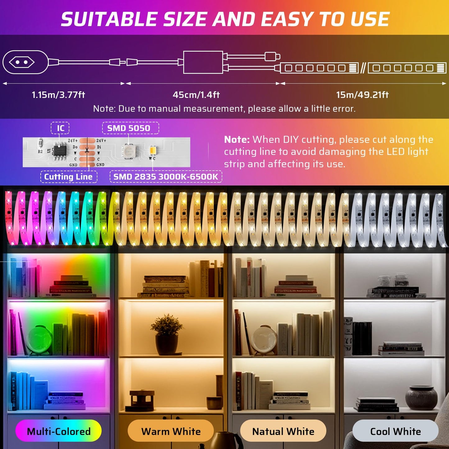 RGBWW+IC LED Strip Lights 50Ft, Dimmable Multi-Colored+3000K-6500K LED Lights with Remote and APP, Flexible Self-adhesive Color Changing LED Tape Lights, 24V Cuttable DIY Strip Lighting for Home Stair