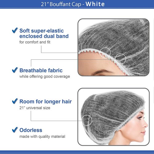 Disposable Bouffant Caps 100 Pcs,21inches Hair Net, Elastic Dust Cap for Food Service, Kitchen Head Cover (White)