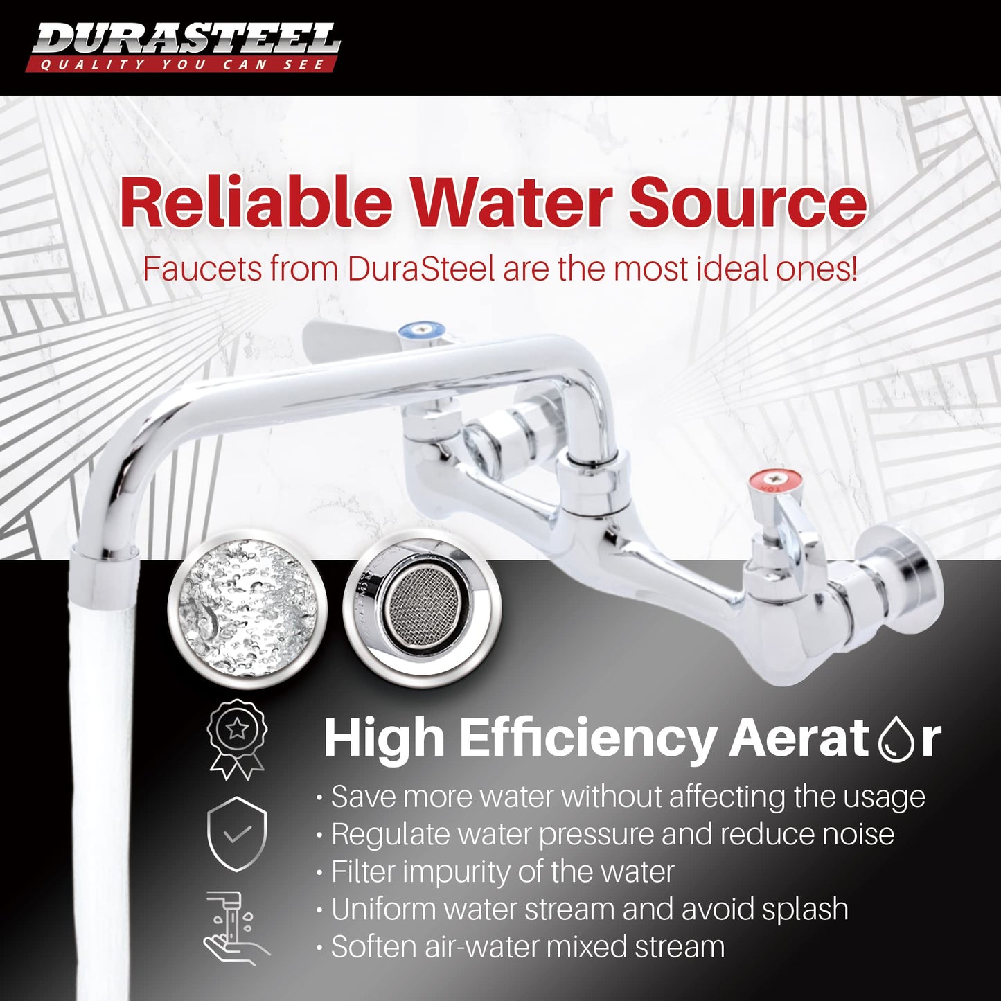 DuraSteel Commercial Kitchen Sink Faucet - No Lead 8" Center Wall Mount Utility Sink Faucet with 8'' Swivel Spout - NSF Certified - Dual Lever Handles - Brass Constructed & Chrome Polished