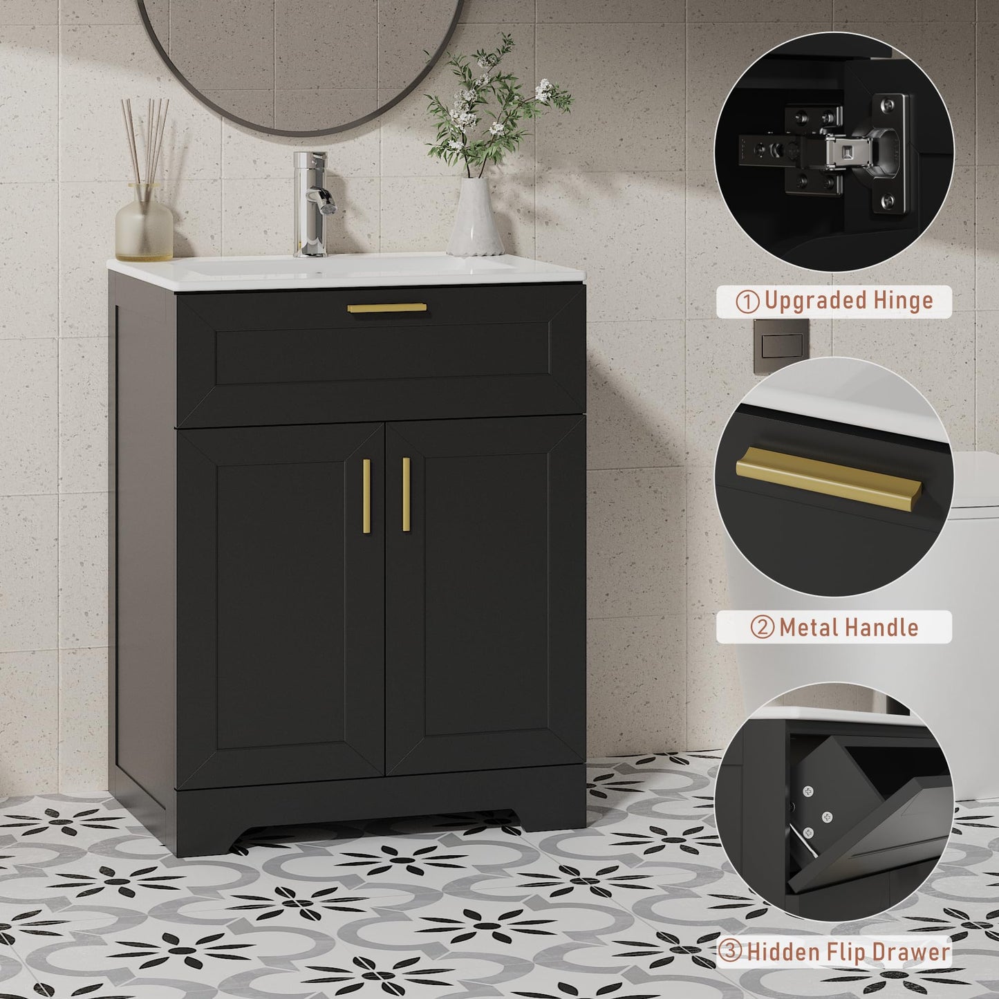 Ayiseedmid 24 Inch Bathroom Vanity with Ceramic Sink, Wooden Cabinet with Undermount Sink, Bathroom Storage Vanity with Sink-Combo Set, 2 Doors, Faucet, 1 Drawer (Black, 24")