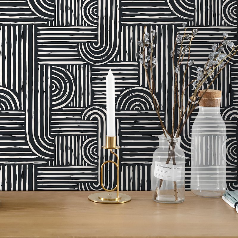 Livelynine Geometric Peel and Stick Wallpaper Black and White Modern Mid Century Geometric Abstract Wall Paper Contemporary Minimalist Lines 17.5x78.8 Geometric Pattern Contact Paper for Cabinets