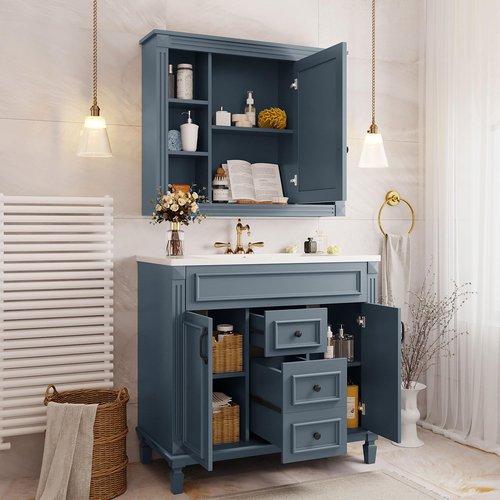 Merax 36” Bathroom Vanity with Sink, Freestanding Single Bathroom Sink Vanity Cabinet Set with 36” Countertop & Integrated Sink, 2 Doors & 2 Drawers (Sink Cabinet Only, Blue)