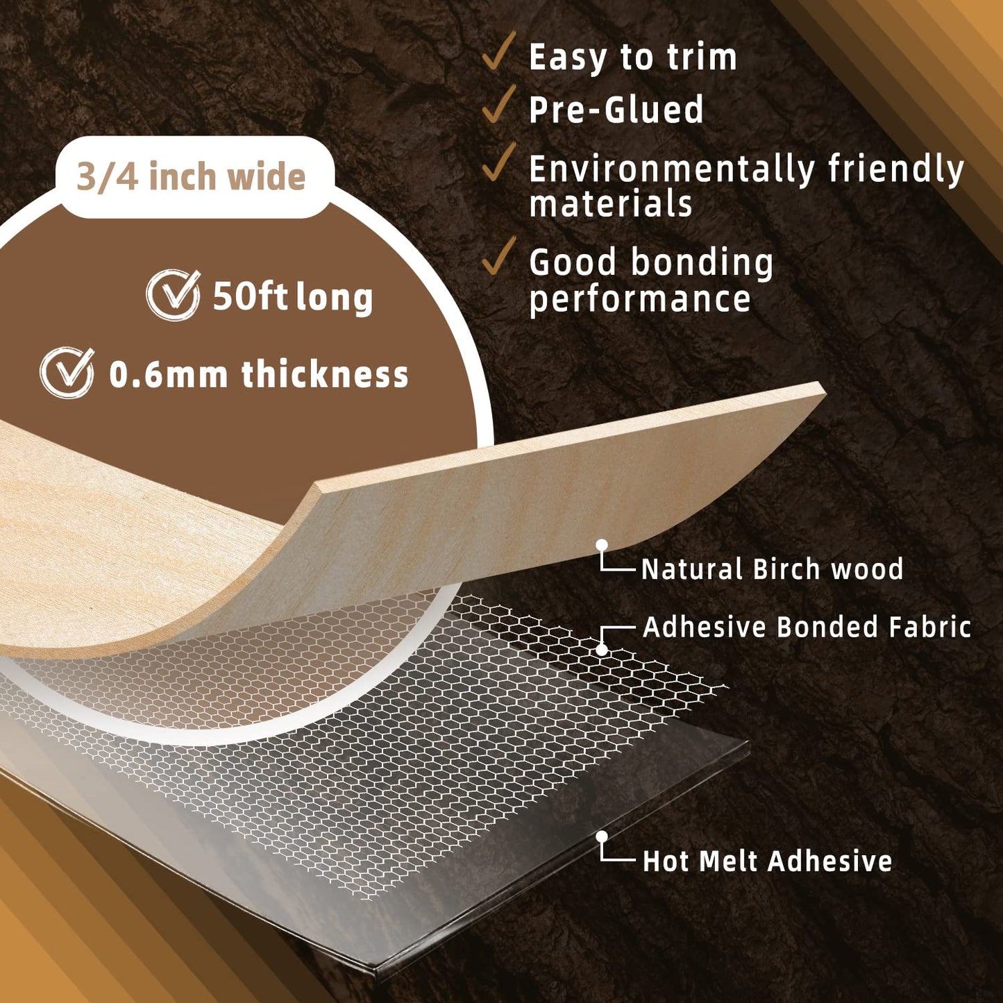 GSCIT Club Birch Edge Banding, 3/4 inch x 50ft roll of Veneer Pre-glued Flexible, Real Wood Tape Banding for Cabinet Repair Furniture Restoration