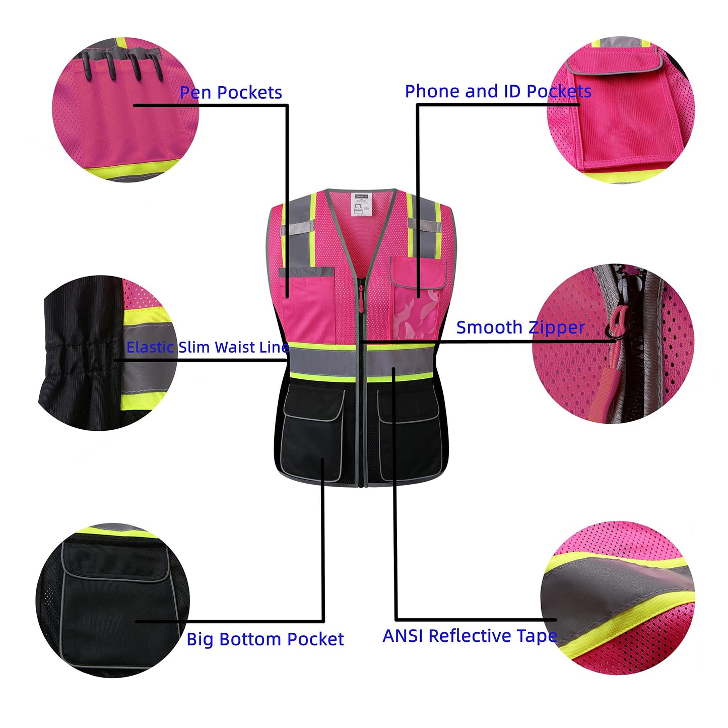 JKWEARSA Safety Vest For Women,High Visibility Reflective Work Vest With Multi Pockets And Zipper,Pink and Black,Large