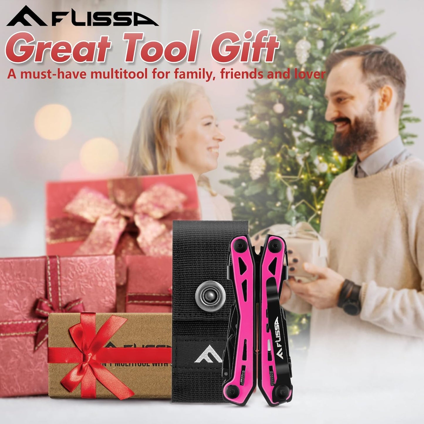 FLISSA 16-in-1 Pink Multi Tool Pliers, Gift for Father, Stainless Steel EDC Multitool with Pocket Knife, Belt Clip and Oxford Pouch, for Camping Survival Outdoor Activities