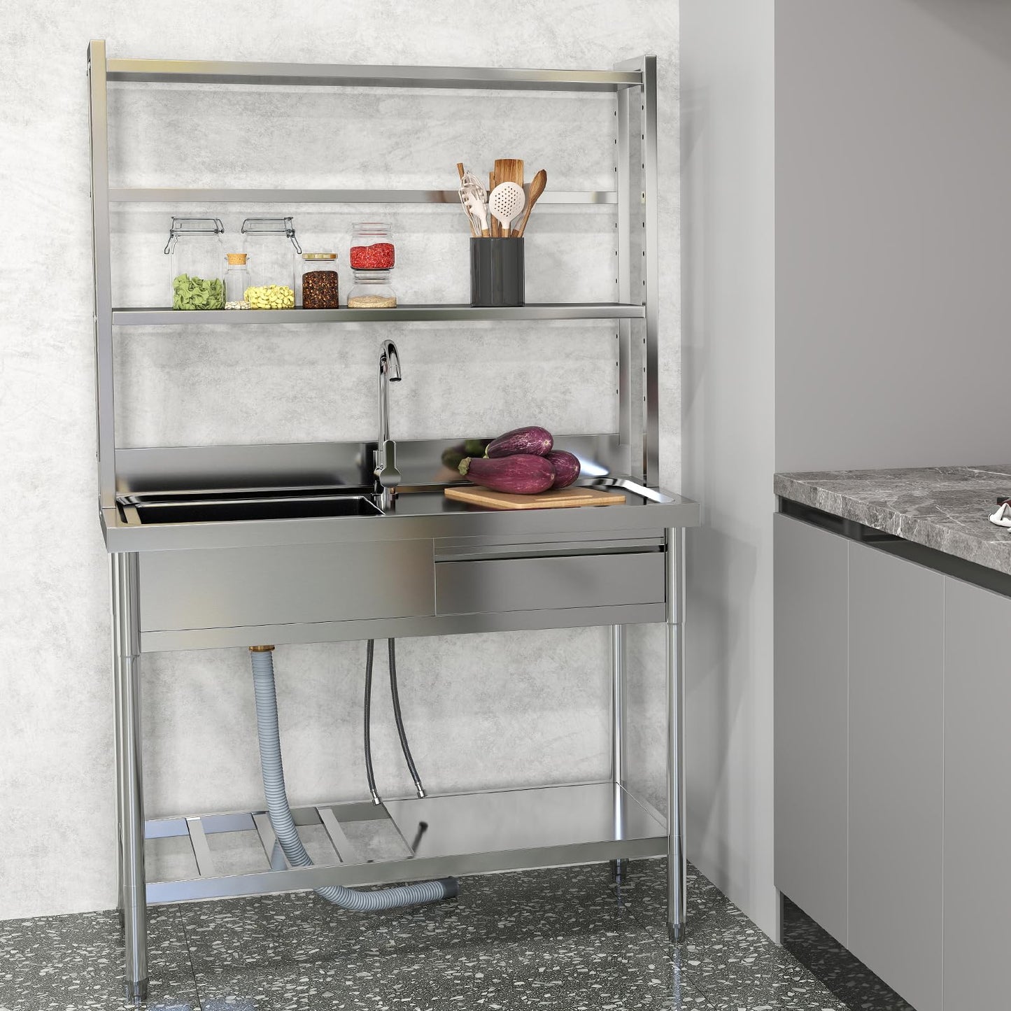 Toemics 39'' Stainless Steel Utility Sink, Free Standing Commercial Single Bowl Sink with Shelves & Right Drawer & Cold and Hot Water Pipe, Indoor and Outdoor Sink for Laundry Room, Garage, Kitchen