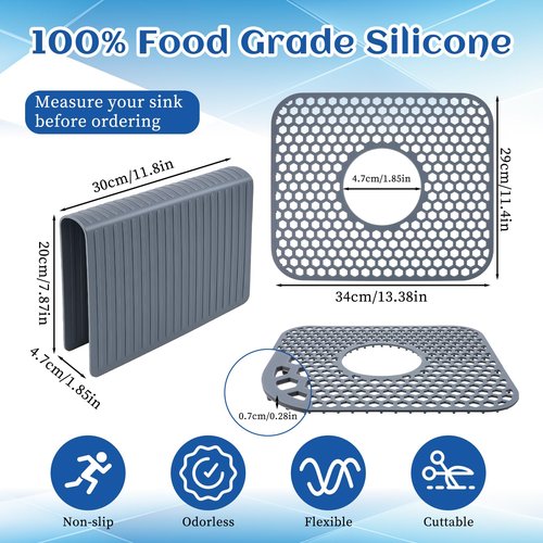 3pcs Grey Kitchen Sink Mats and Sink Saddle Set,13.38 X 11.4inch Non-Slip Heat Resistant Silicone Sink Mat Sink Bottom Grid Sink Divider Center Drain