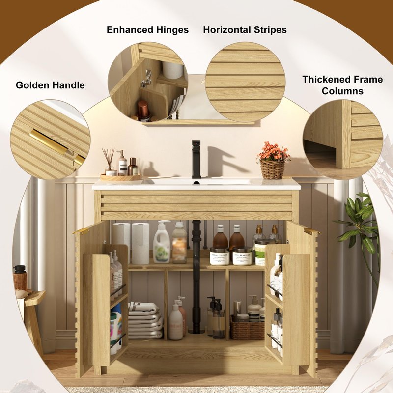 Squireewo 36 Inch Bathroom Vanity with Sink, Mid-Century Modern Bathroom Vanity with Storage Cabinet, Freestanding Bathroom Cabinet with Door Shelves and Faucet, Light Oak