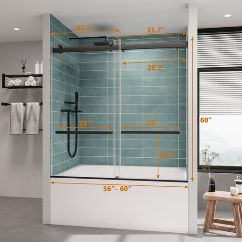 ROOMTEC Frameless Bathtub Shower Doors 56-60 W x 60 H, Double Sliding Tub Shower Door with Tempered Glass 5/16"(8mm), Duty Stainless Steel Hardwares, Matte Black