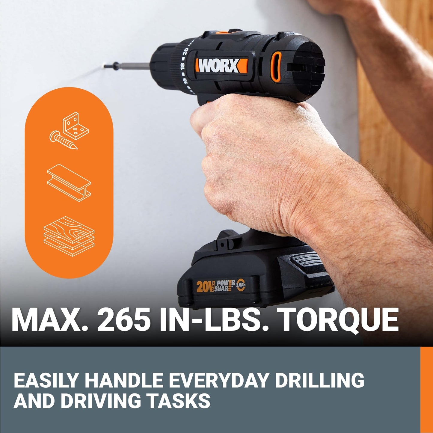 Worx 20V Cordless Drill Driver, 84pc Accessory Kit, Variable 2-Speed, 265 In-Lbs Torque, 20+1 Clutch, Lightweight, Compact, 3/8-Inch Keyless Chuck - Battery & Charger Included