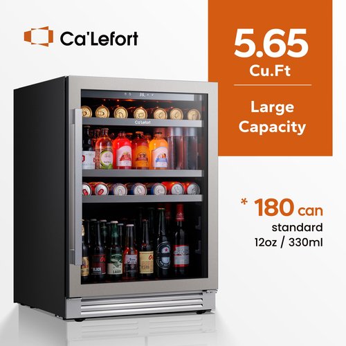 Ca'Lefort 24 Inch Beverage Refrigerator Cooler - 180 Can Mini Fridge with Glass Door for Soda Beer or Wine, 3 LED Compressor Fridge for Home Office Bar with 3 Adjustable Removable Shelves(5.56 cu.ft)