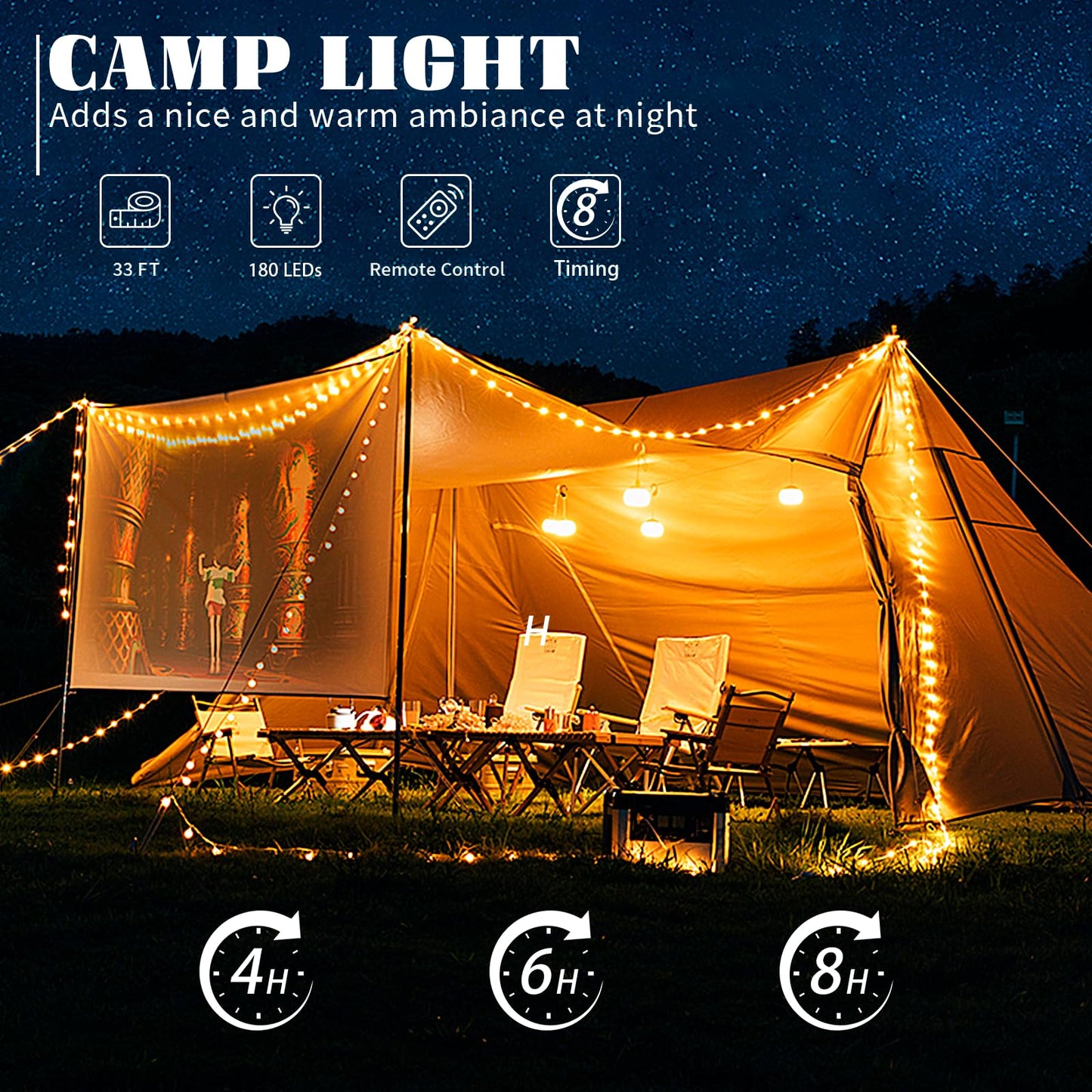 MGYIF Solar Camping String Lights with 180 LEDs, 33 FT Outdoor Fairy String Lights with 13 Lighting Modes & Timer, Waterproof & Rechargeable, Camping Gear for Tent, Yard, Garden, Hiking, Travel Decor