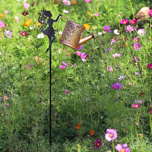 YZYOE Solar Powered Fairy Water Kettle Light, Garden Decorative Wrought Iron Retro Cute Elf Floor Light, Wireless Dusk to Dawn LED Lamp Waterproof.