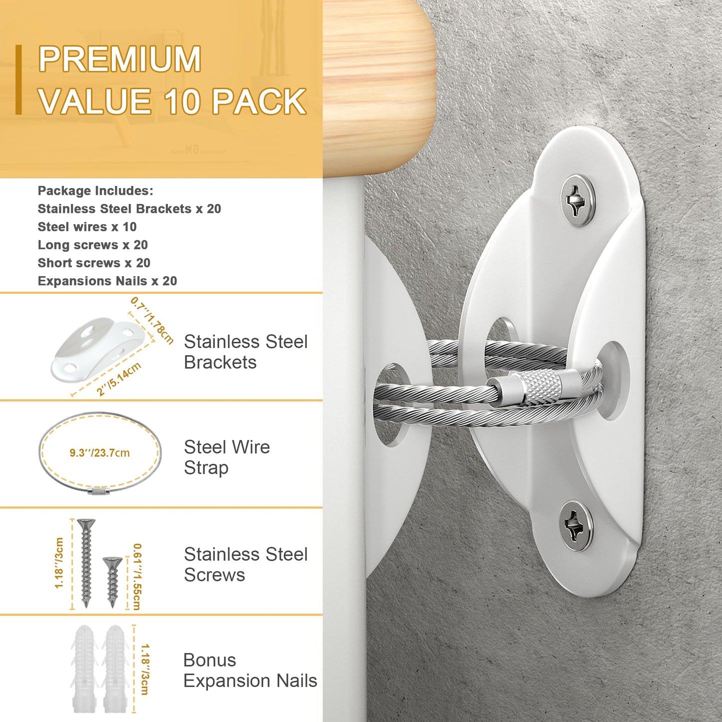 Booda Brand Furniture Anchors (10 Pack) for Baby Proofing, Furniture Straps Anti Tip Furniture Anchor Securing 400 lbs/Keep Baby Pet Safety from Falling Furniture, Metal White Earthquake Straps