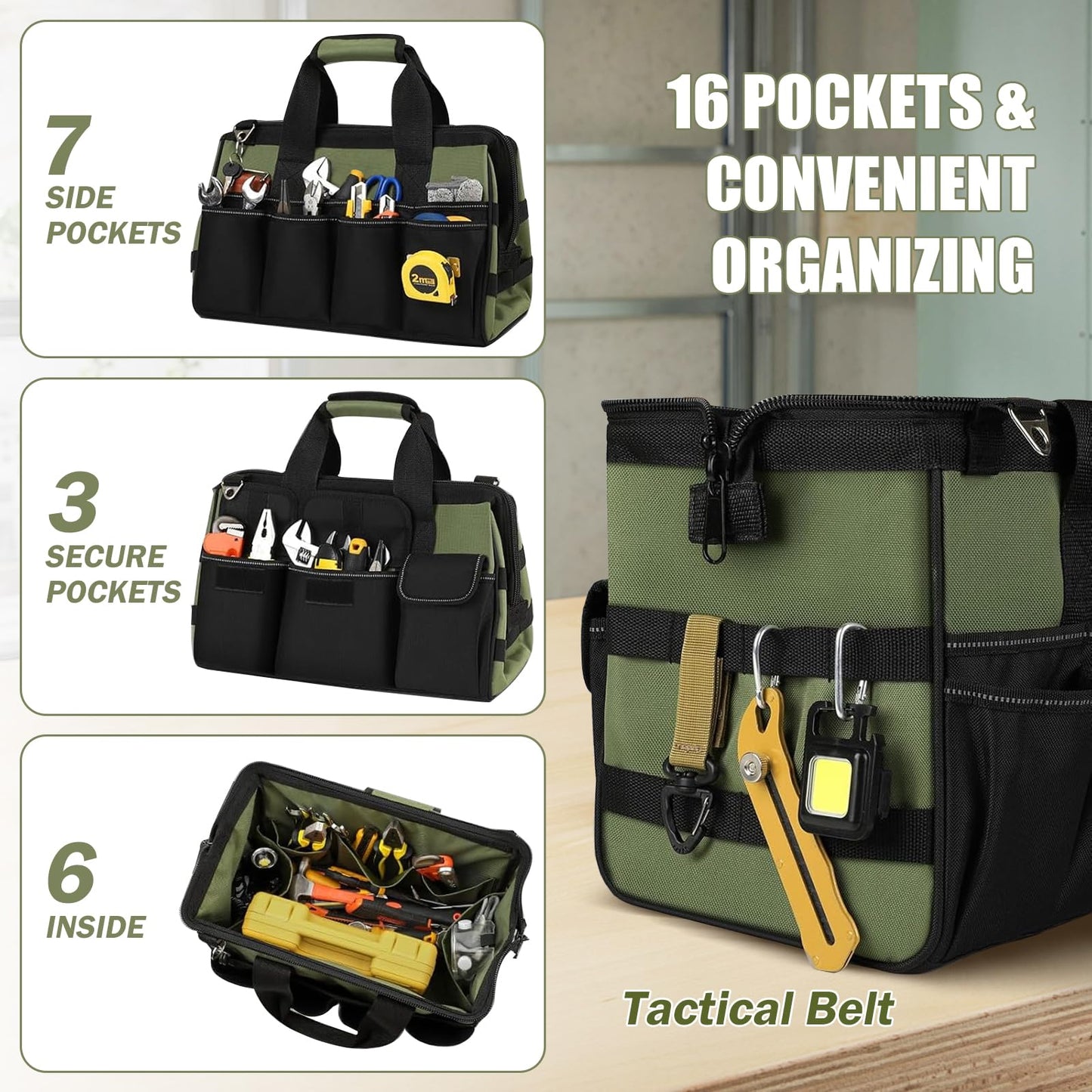 magictaill Heavy Duty Tool Bags, 15.5Inch Portable Wide Mouth Tool Box Organizer with 16 Pocket, Soft Handle with Adjustable Shoulder Strap Toolbag Father Day Dad Men Mechanic Birthday Gift