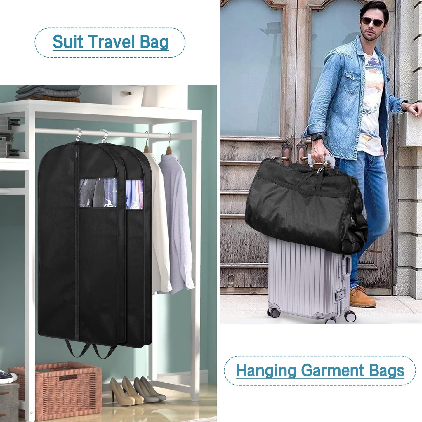 KIMBORA 43" Suit Bags for Closet Storage and Travel, Gusseted Hanging Garment Bags for Men Suit Cover With Handles for Clothes, Coats, Jackets, Shirts(3 Packs)
