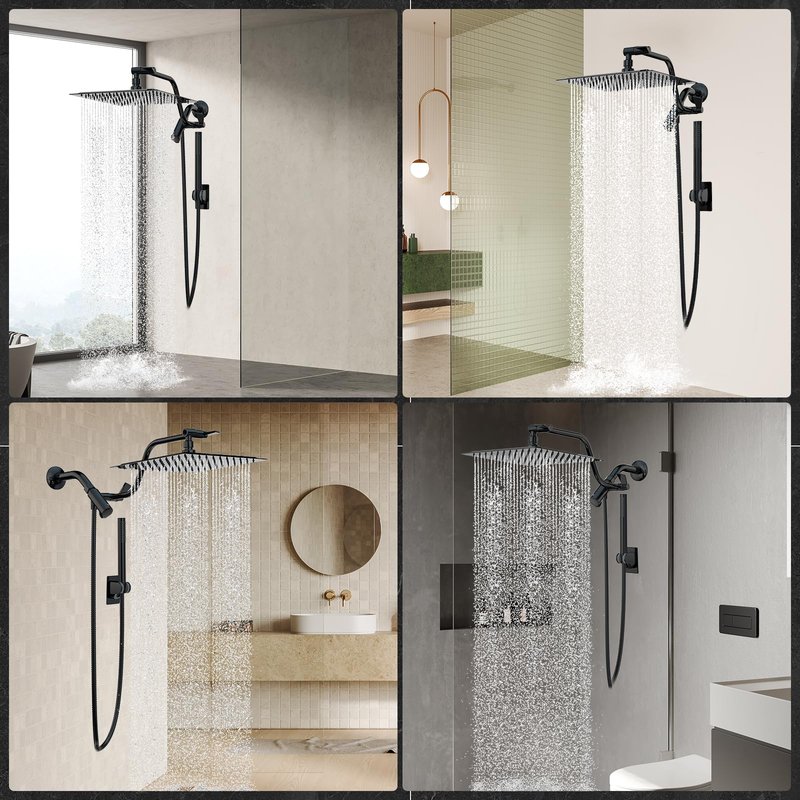 HOPOPRO 10” All Metal Rainfall Shower Head Combo with Handheld Spray, High Pressure Showerhead Combination, Adjustable Dual Showerheads with Extension Arm, Full-Body Coverage Shower Experience, Black