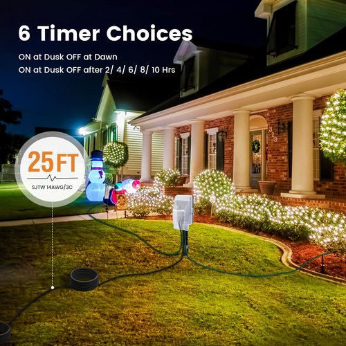 SURAIELEC Outdoor Power Stake, Dusk to Dawn Light Timer, 25FT Extension Cord Multiple Outlet; 6 Electrical Outlet Power Strip Weatherproof, for Patio Lights, Sprinkler, Garden, Christmas Decorations