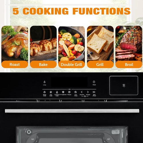 24" Single Wall Oven: Stainless Steel, Black, ETL Certified, 70L Built-In Electric, 3000W Power, 8 Cooking Functions & 108 Automatic Recipes, Led Touch Control