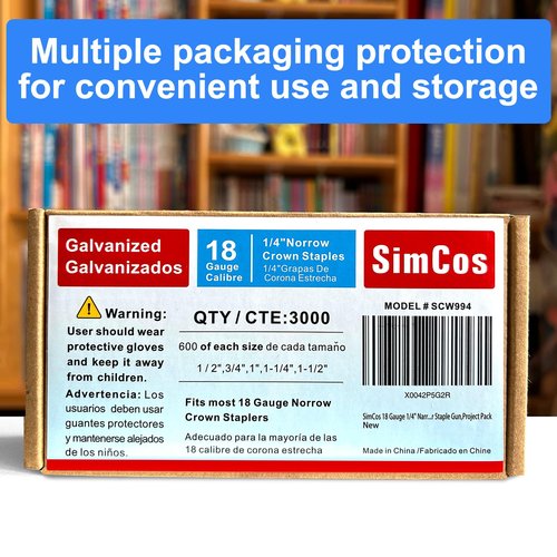 SimCos 18 Gauge 1/4" Narrow Crown Staples (1-1/2",1-1/4" 1", 3/4", 1/2"), Galvanized Assorted Sizes for 18 GA Pneumatic or Electric Stapler or Staple Gun,Project Pack (Assembly 3000)