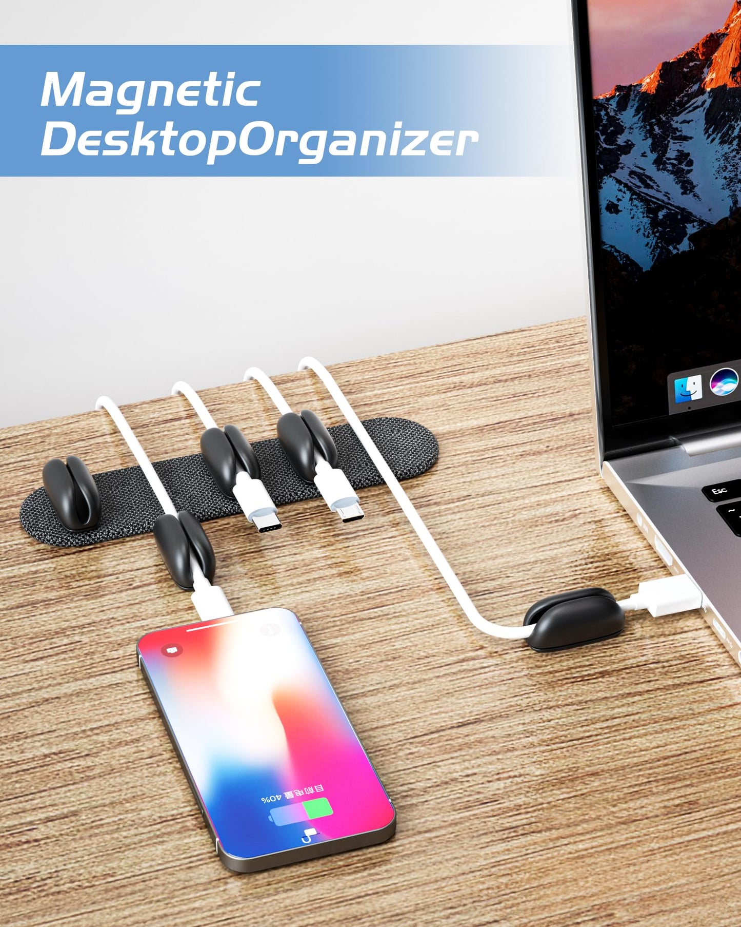 5-Pack Magnetic Cable Clips Cord Organizer - Smoothly Adjustable, Puretor Desk Cable Management Clips. Ideal Wire Holders for Desktop, Nightstand, Wall - Perfect for Home Office, Phone, Car (Black)