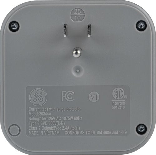 GE UltraPro 3-Outlet Surge Protector Wall Tap, 980J, USB-C & USB-A Ports, Adapter-Spaced Outlets, Circuit Breaker, ETL Certified, Low-Profile Design, White, 85875