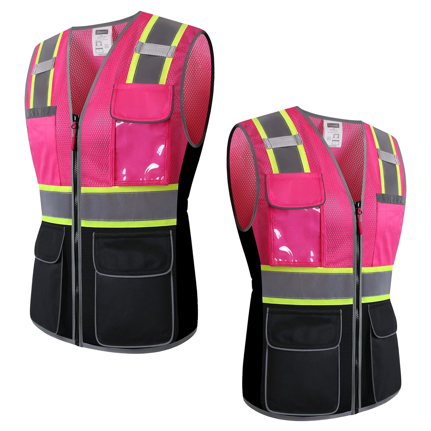 JKWEARSA Safety Vest For Women,High Visibility Reflective Work Vest With Multi Pockets And Zipper,Pink and Black,Large