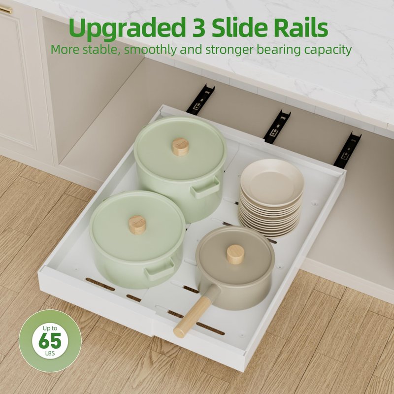 PAKETA 4 Pack Expandable Pull Out Cabinet Organizer, 21'' Deep Pull Out Drawers for Cabinet, Upgrade 3 Slide Rails Sliding Drawers for Cabinets with Adhesive Nano Film (White, 21"D X 9-14"W)