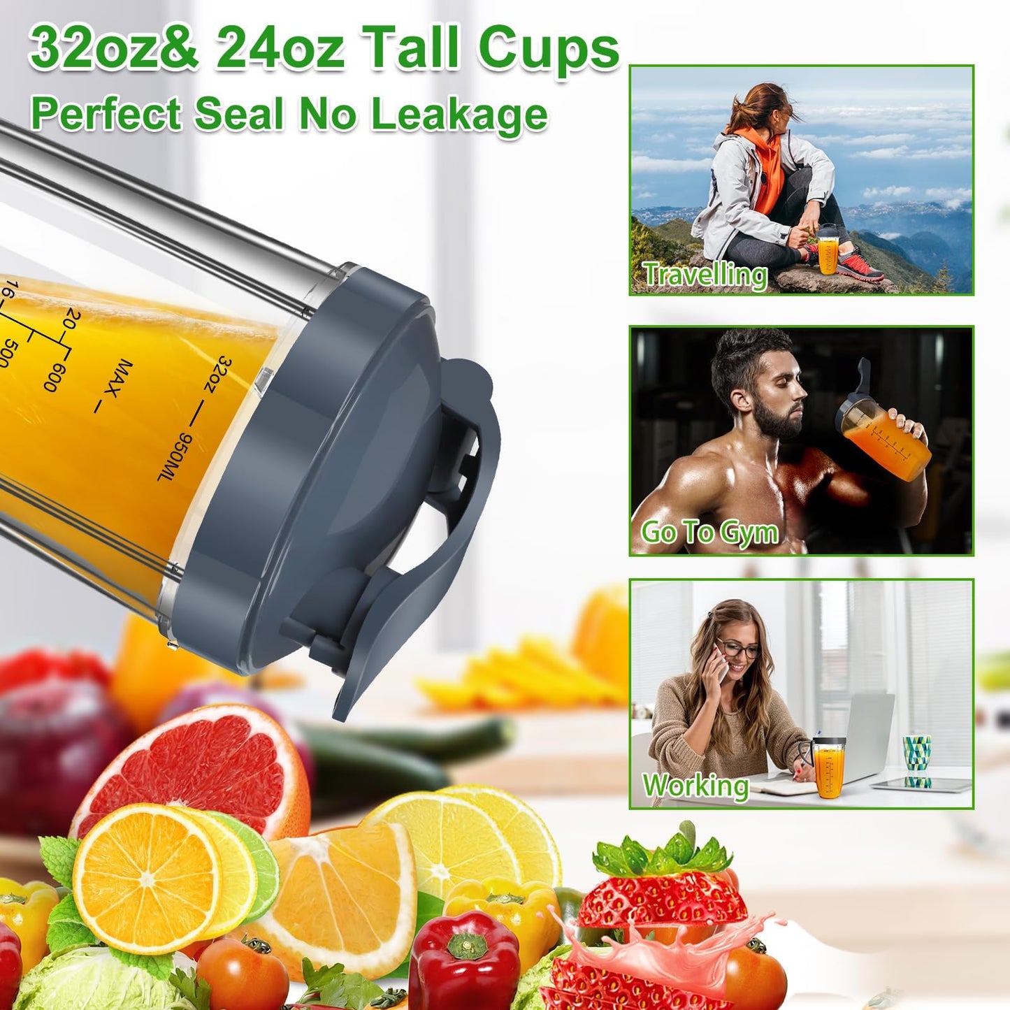 Nutribullet Blender Cups & Blade Replacement Set, 32oz & 24oz Nutribullet cups with Lid To-Go Lid and Lip Ring, Replacement Cups for Nutri Bullet Blenders 600w & Pro 900w Accessories 6 PCS