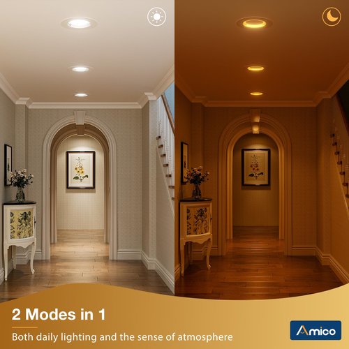 Amico 12 Pack 6 inch 5CCT LED Recessed Lighting with Night Light, 12.5W=100W, 1000LM Can Lights with Baffle Trim, Dimmable, Retrofit Downlight, 2700K/3000K/3500K/4000K/5000K Selectable - ETL & FCC