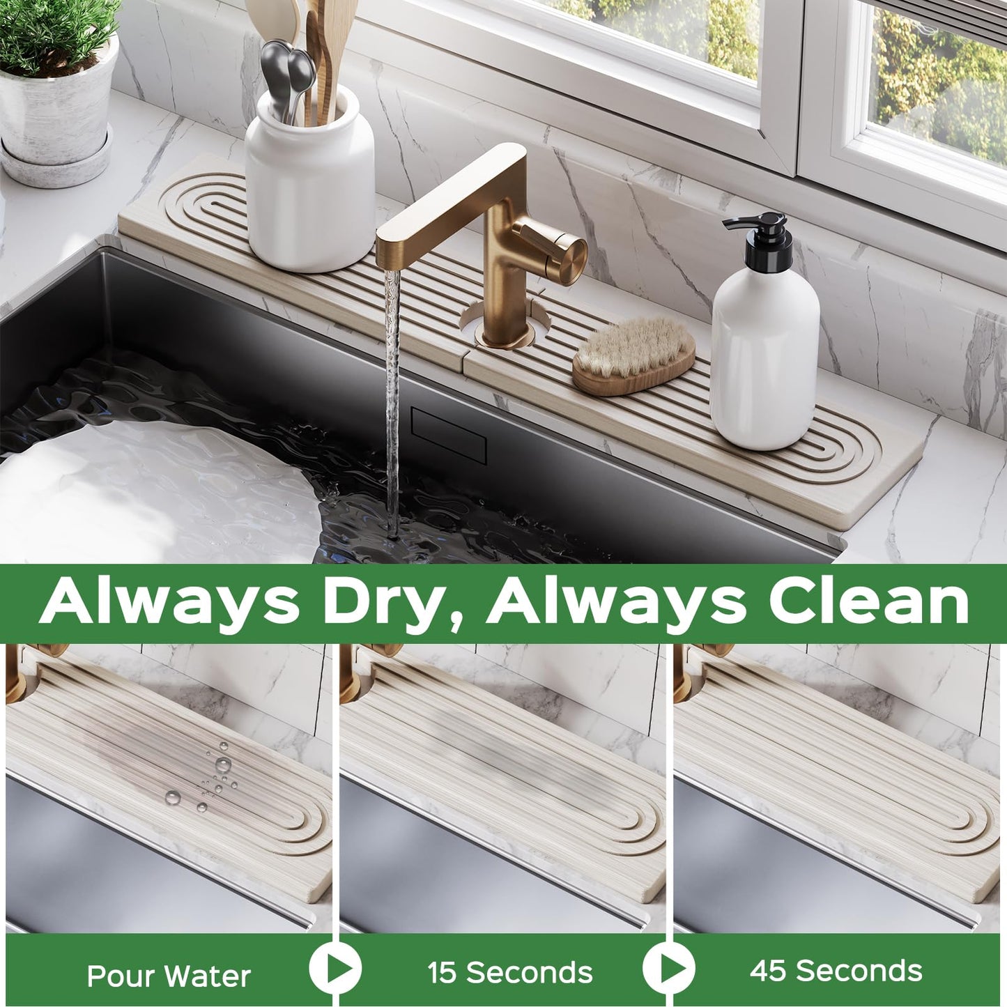 24 Inch Stone Faucet Mat for Kitchen Sink Splash Guard - Diatomite Quick Dry Stone Mat Kitchen Sink Protectors, Water-Absorbent Faucet Handle Drip Tray(White, 23.6" x 3.9")