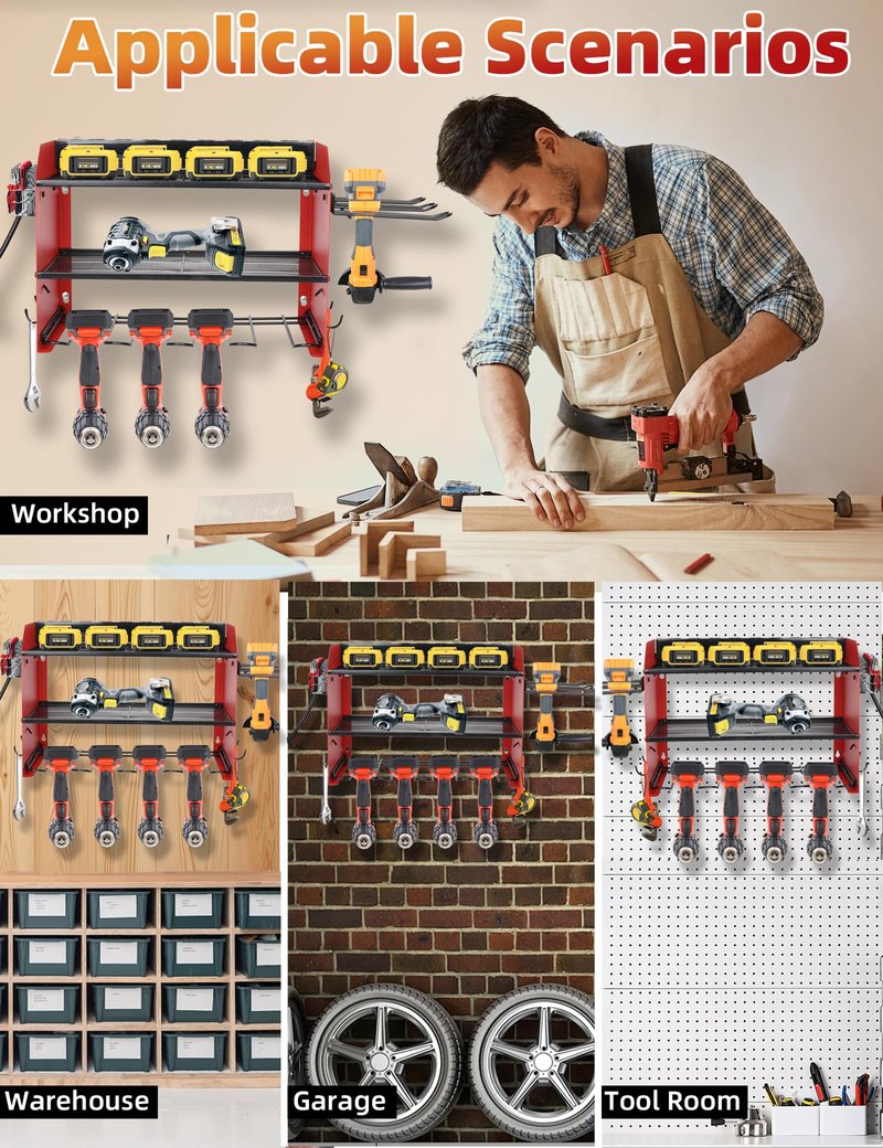 Power Tool Organizer wtih Charging Station,3 Layers Storage Rack with Screwdriver Rack 6 Drill Holders 8 Outlets Max Load 110lbs,for Workshop Garage Organizers and Storage Tool Battery Holder (Red)