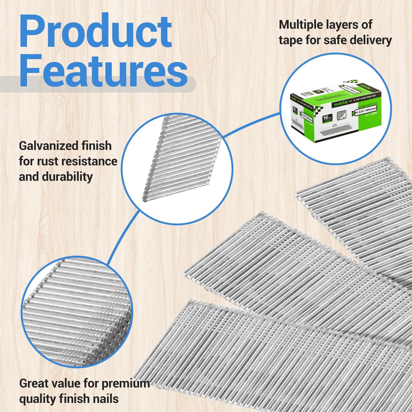 meite 16 Gauge Angled Finish Nails 1-3/4-Inch 20-Degree Galvanized Finishing Nails for Electric or Pneumatic Nailer Guns - Perfect for Window Trim, Cabinet Building and Other DIY Projects (2,000 PCS)