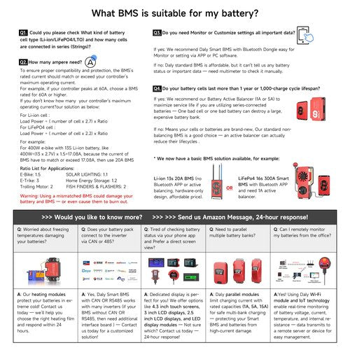 DALY BMS 48V 16S 200A Display - Smart BMS with 4.3 Inch LCD Touch Screen WiFi Bluetooth Module Supports RS485 CAN for 48V LiFePO4 Golf Carts Electric Outboard Motors Solar Energy Power Systems