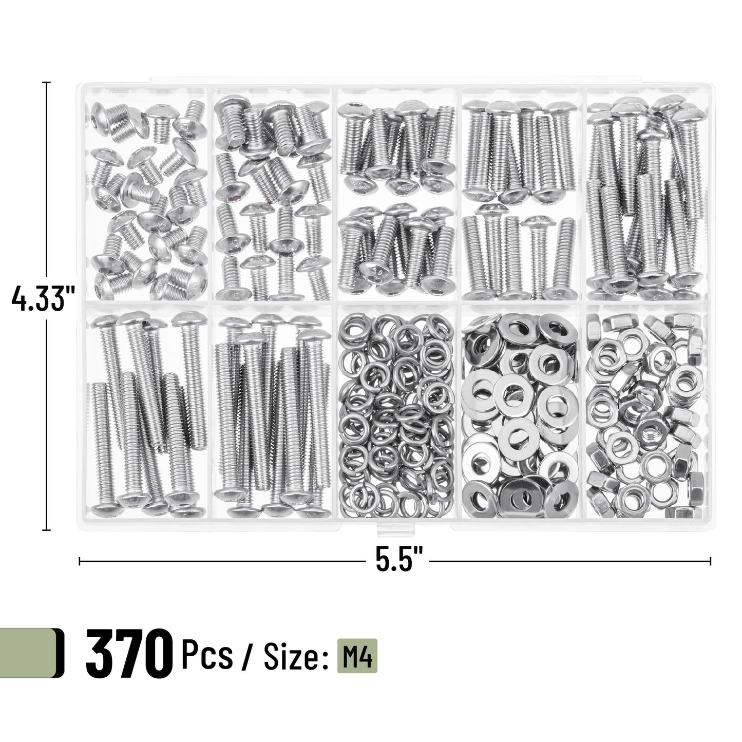 Mr. Pen- Nuts and Bolts Assortment Kit, 370 pcs, Stainless Steel, M4 Screws(7 Sizes 6-30mm) Button Head Socket Cap, M4 Bolts and Nuts Kit with Clear Storage Box