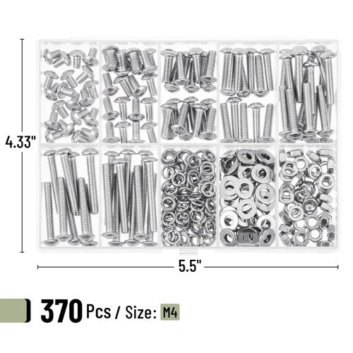 Mr. Pen- Nuts and Bolts Assortment Kit, 370 pcs, Stainless Steel, M4 Screws(7 Sizes 6-30mm) Button Head Socket Cap, M4 Bolts and Nuts Kit with Clear Storage Box