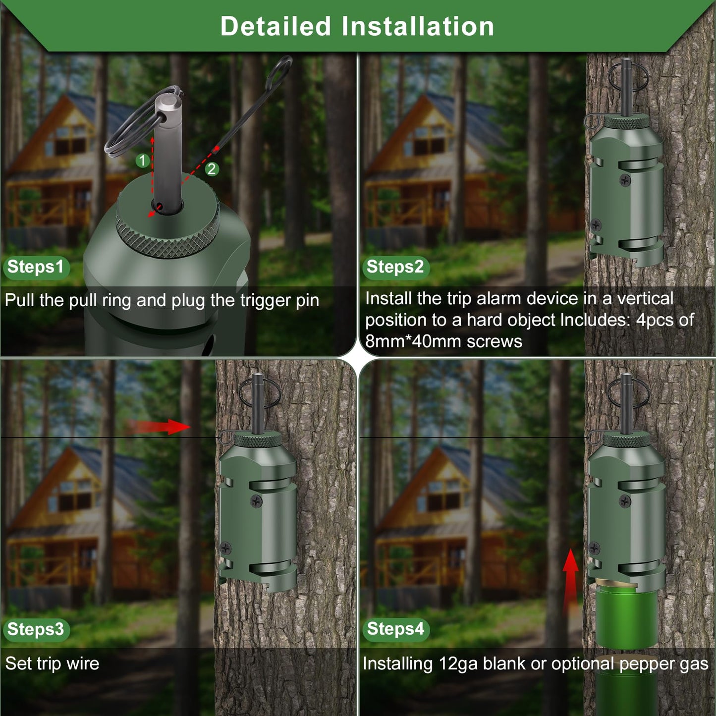 Perimeter Trip Alarm,12 Gauge Camping Trip Wire Alarm Device with 4pcs Screws,Early Warning Security System for Outdoor and Property Safety/Bear Deterrent -Dark Green (Adapter Not Included