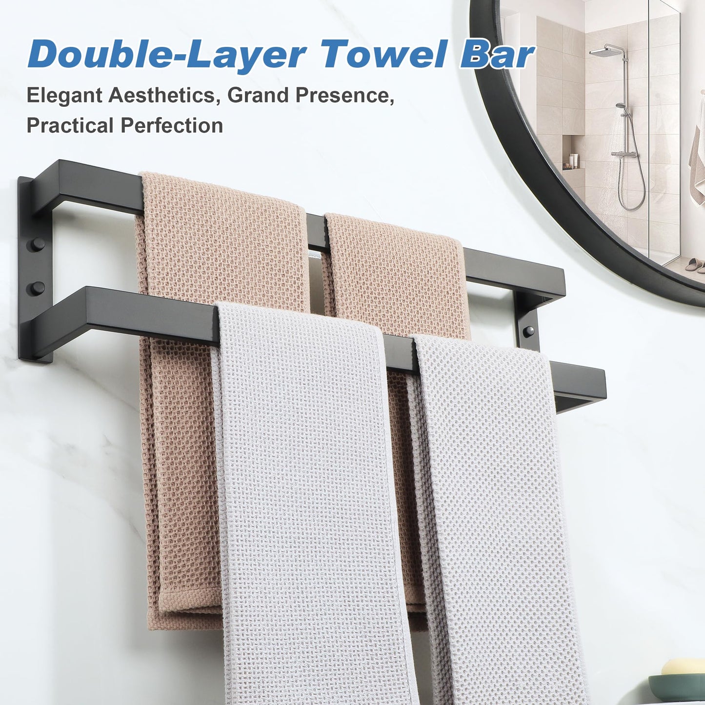 Alise Double Towel Bar 24", SUS304 Stainless Steel Towel Racks for Bathroom Wall Mounted, Heavy Duty Bathroom Towel Holder, Space Saving Towel Hanger, Matte Black