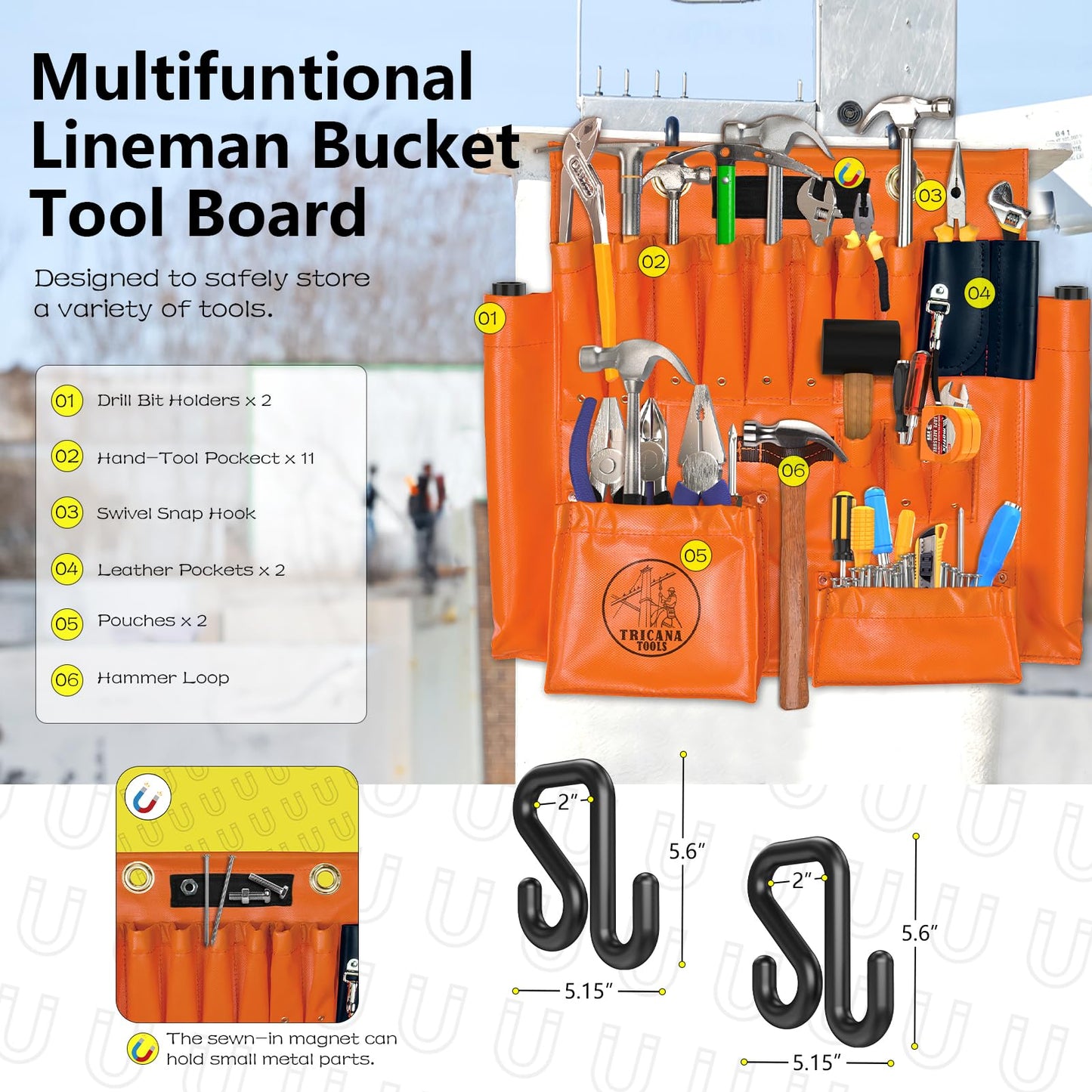 Lineman Tool Board, Aerial Apron w/Magnet, Bucket Truck Tools Organizer with Over 16 Pockets and Aerial Bucket Hooks, Tool Organizer for Bucket Trucks and Lineman, Includes Two 2” Bucket Hooks