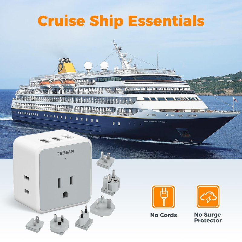 TESSAN All European UK Travel Plug Adapter Kit, 6-in-1 International Power Adapter with 3 USB (1 USB C) and 3 AC Outlets, Supports Type C, G, E/F, I, A, B for US to Europe UK Italy Australia Japan