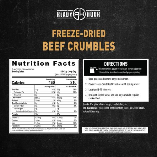 Ready Hour Freeze-Dried Beef Crumbles Case Pack – 12 Servings (6 Pouches) – Emergency Protein Supply, Long-Term Meat Storage, Prepper Meat Pack, Shelf Stable Beef, Survival Food Meat, Bulk Emergency Protein