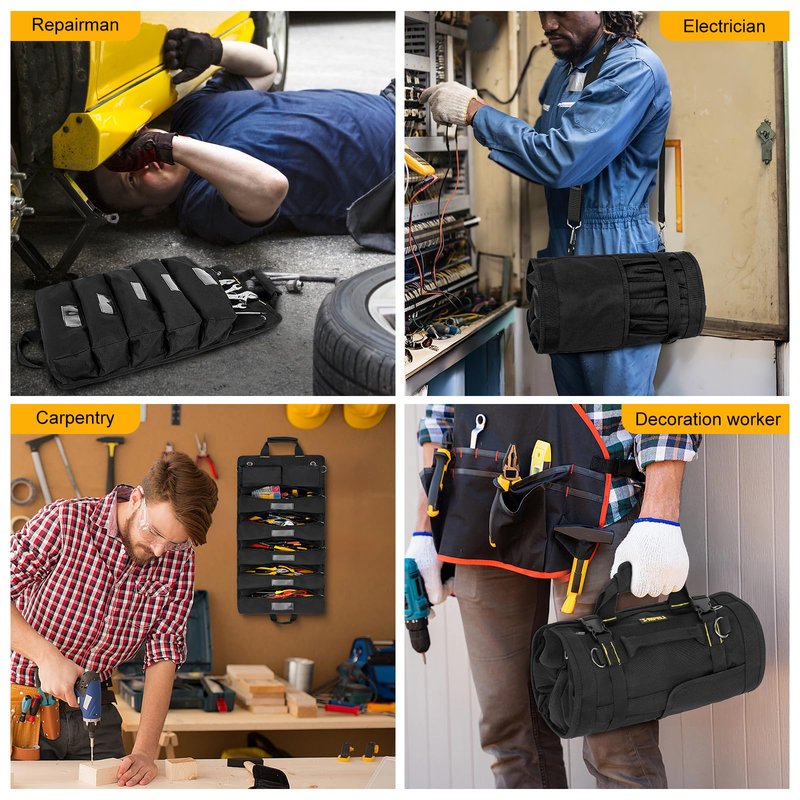 Tool Bag,Large Roll Up Tool Bag Organizer,13 Pockets Tool Roll Storage Pouch,Heavy Duty Portable Tool Storage Carrier Bag for Men,Mechanic,Electrician,Valentines Day Gifts for Men,Black