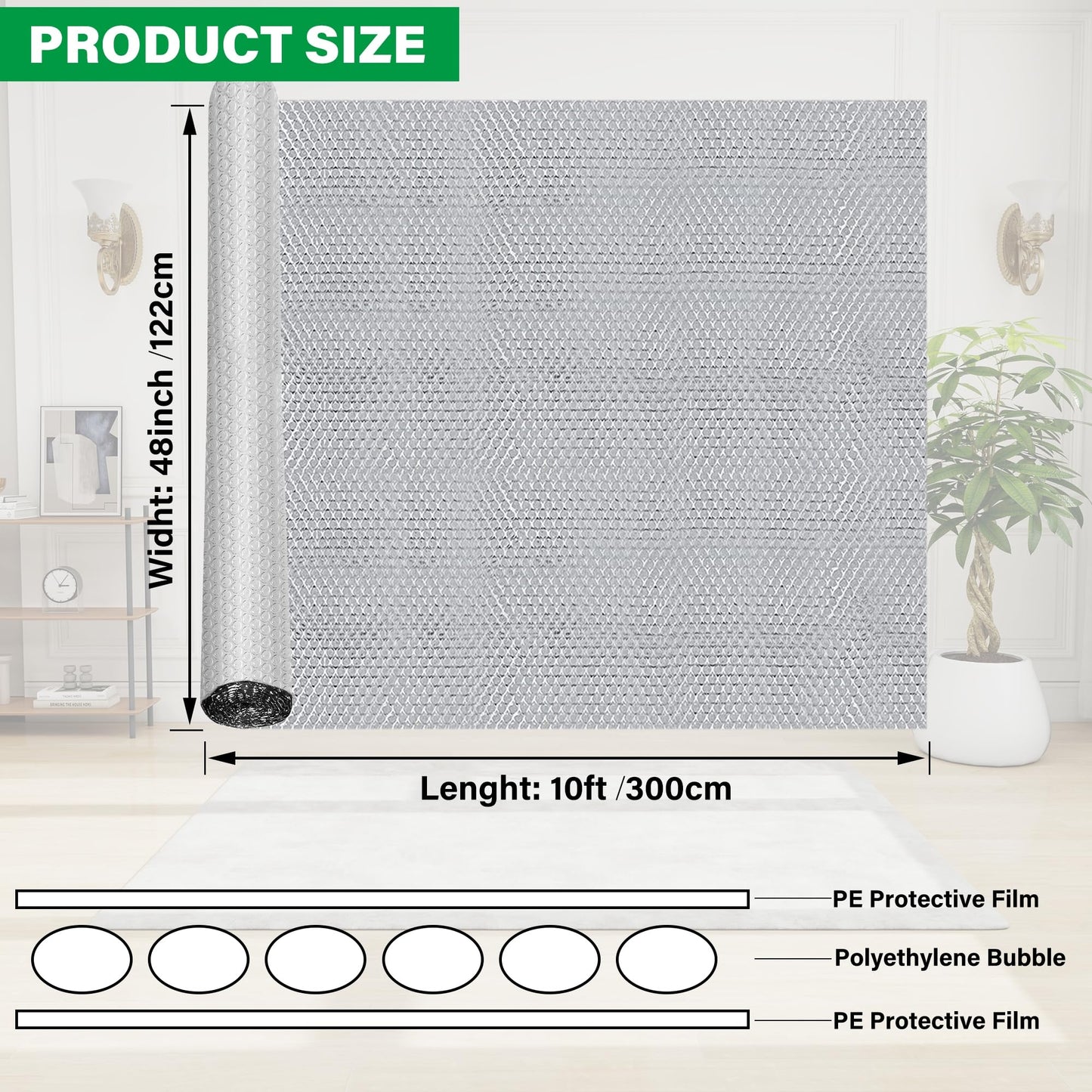 winemana Window Insulation Roll, 48IN x 10FT Reflective Heat Shield Bubble Film, Double-Sided Aluminum Foil Insulation, Weatherproof Garage Door Cover for Windows, RV, Basement, Winter & Summer