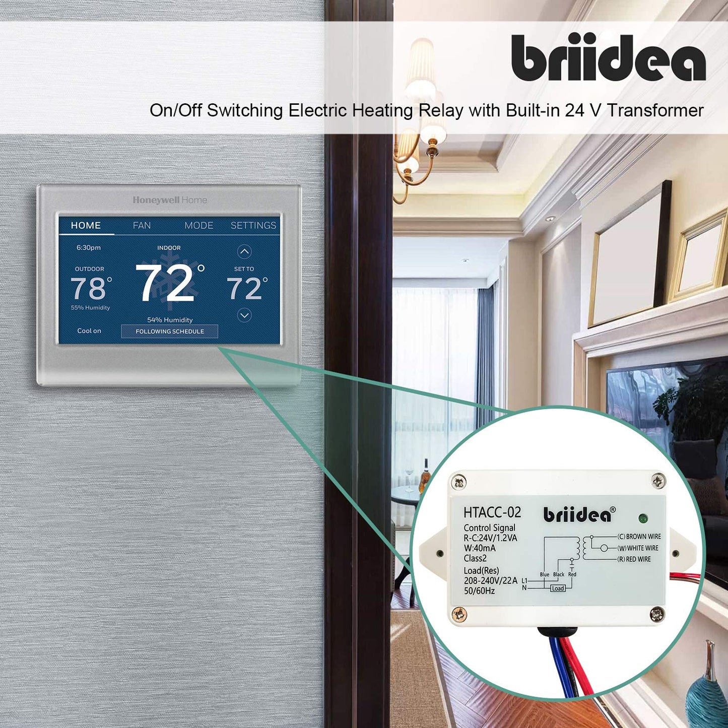 Briidea 220V/240V On/Off Switch Electric Heating Relay with Built-in 24V Transformer, Replacement for Any Relay, Compatible with 24V Thermostat